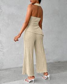 ChicMe Womens Textured 2 Piece Outfits Halter Neck Backless Sleeveless Asymmetric Top With High Waist Wide Leg Pants Set Sexy Date Party Cocktail Outfits - Apricot - View 2