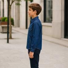 Camisa Jeans Infantil/Juvenil Masculina Manga Longa Estilosa 10 ao 16 - Azul Premium - Visão 3