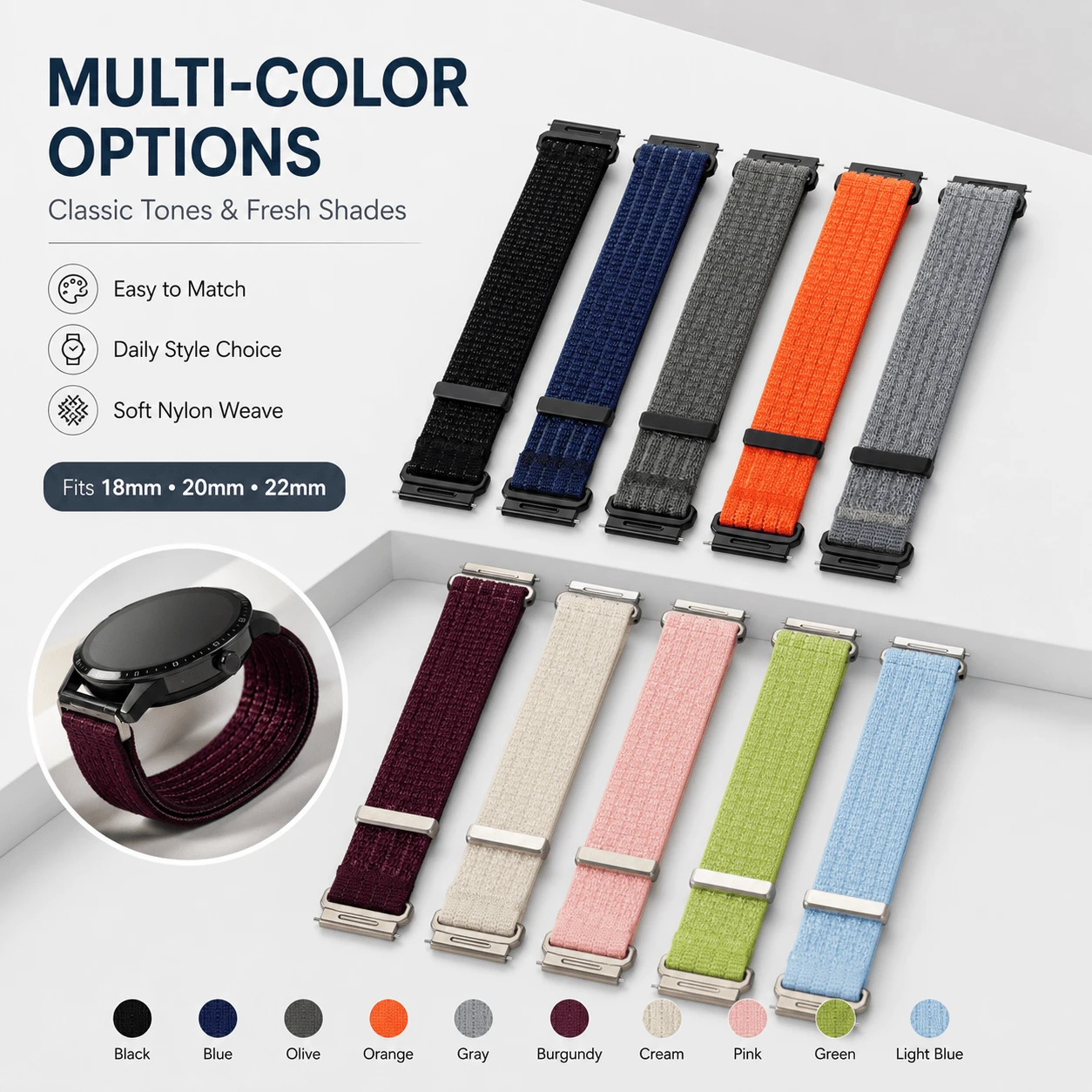 Correa de reloj de nylon de 18mm 20mm 22mm compatible con Samsung Watch7 6 5 4 40mm 44mm, pulsera deportiva con gancho y bucle compatible con Watch/Watch/Watch/Watch S5 accesorios de reloj inteligente - 22 mm - Ver 1