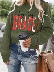 Women's Christian Faith Sweatshirt, Romans 3:24 Bible Verse Red Letter Print Crew Neck Pullover, Loose Cozy Casual Top For Church Autumn Winter - 軍綠色 - 查看 1