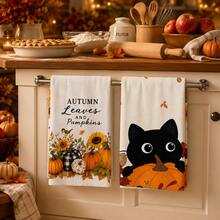 2pcs Black Cat & Pumpkin Pattern Kitchen Towels, Fun Autumn Country Style Soft Fabric Rectangular Maple Leaf Sunflower Hello Pumpkin Print Absorbent Hand Towels, Suitable For Kitchen, Dining Room, Halloween, Thanksgiving, Autumn Gathering, Harvest Season, Home Decor - Multicolor - View 5