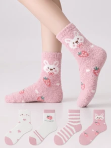 ZUJO 2 Pairs Women's Coral Fleece Mid-Calf Socks, Heart & Cartoon Strawberry & Rabbit & Striped Patterns, Suitable For Autumn/Winter, Suitable For 5-15℃, Random Colors - Pink - View 4