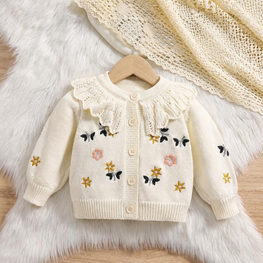 1pc Baby Girls Flower Embroidered Ruffle Collar Cardigan Sweater For Baby Girls, Warm Autumn/Winter - Beige - View 1