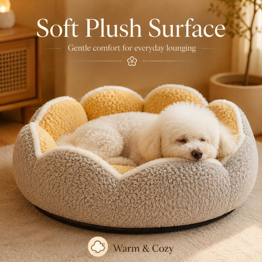 Flower-Shaped Plush Pet Bed, Suitable For Cats And Small Dogs, Soft And Comfortable Round Nest With Raised Petal Edges, Padded Sleeping Bed, 3 Colors Available, Multiple Sizes, Indoor Pet Resting Bed - Grey - View 1