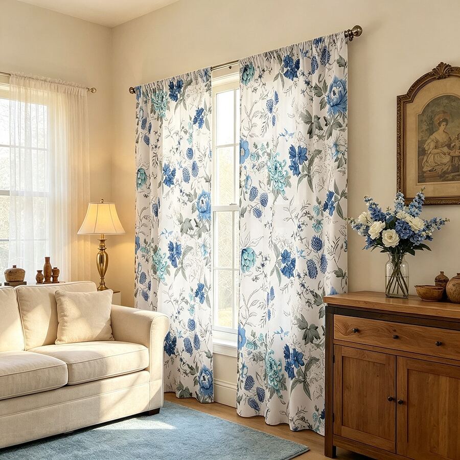 2pcs Refreshing Watercolor Floral Curtains, White Background With Blue Flower Patterns, Rod Pocket Design, Provides Privacy And Easy Installation, Ideal For Home Windows