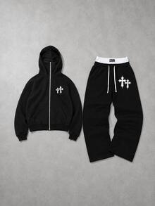 YUNCHIC Dark Style Hooded Face-Covering Sweatshirt And Loose Sweatpants With Cross Print, Casual 2 Pieces Set For Men, Autumn/Winter - Black - View 4