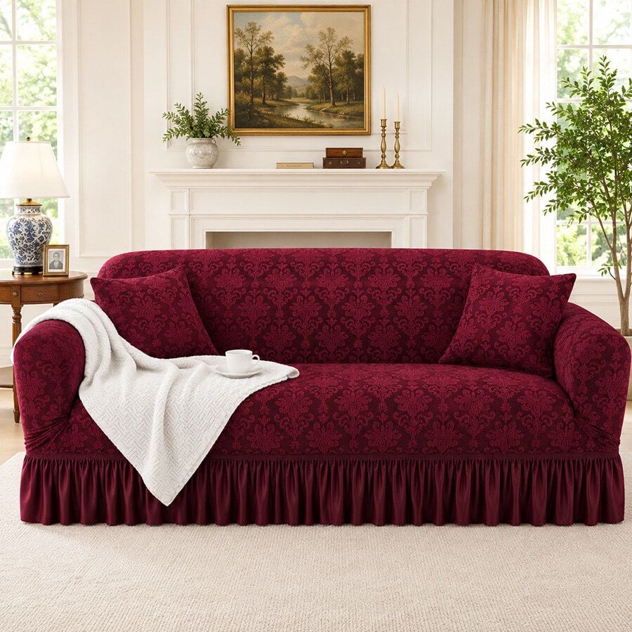 1pc Vintage Woven Jacquard Pattern Skirted Full Stretch Sofa Cover, Dust-Proof And Dirt-Resistant, Elastic One-Piece Full Coverage Sofa Protector, Living Room Home Decor, Machine Washable And Water Washable, Pillowcase Not Included - Redwood - View 1