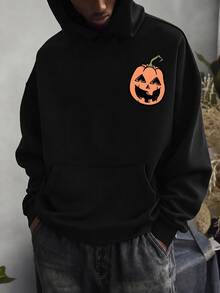 Sudadera con capucha para hombre con estampado doble en pecho y espalda, estilo retro y divertido para Halloween, corte holgado, manga larga, atuendo casual, suéter ligero de forro polar. - Negro - Ver 3