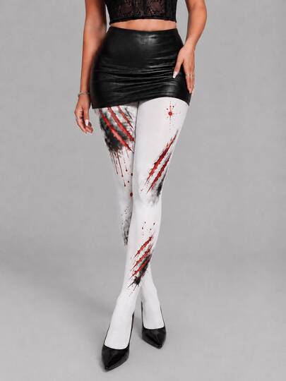 1 Pair Women's Halloween Print Tights, White Claw Mark Pattern Pantyhose For Costume Party And Holiday Outfit