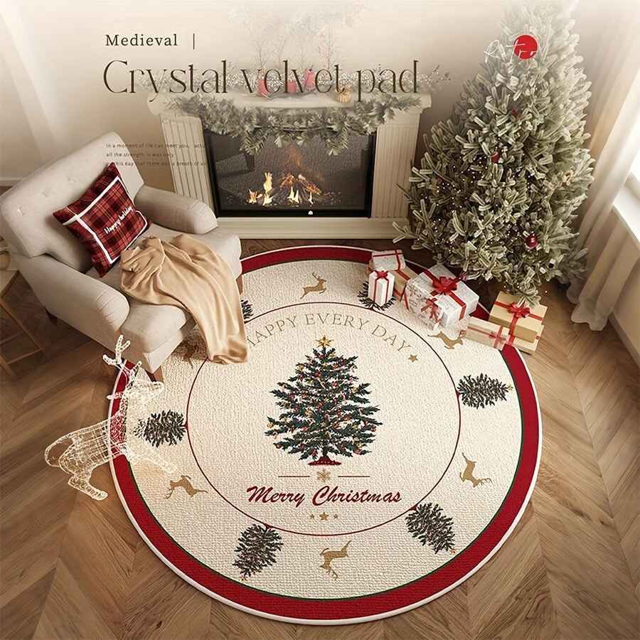 31.5/47.24/55.12inch Christmas Round Area Rug, Merry Christmas Tree Print Non Slip Crystal Velvet Floor Mat, Holiday Decor Carpet For Living Room Bedroom Xmas Home Decor - Christmas Round Rug - View 1