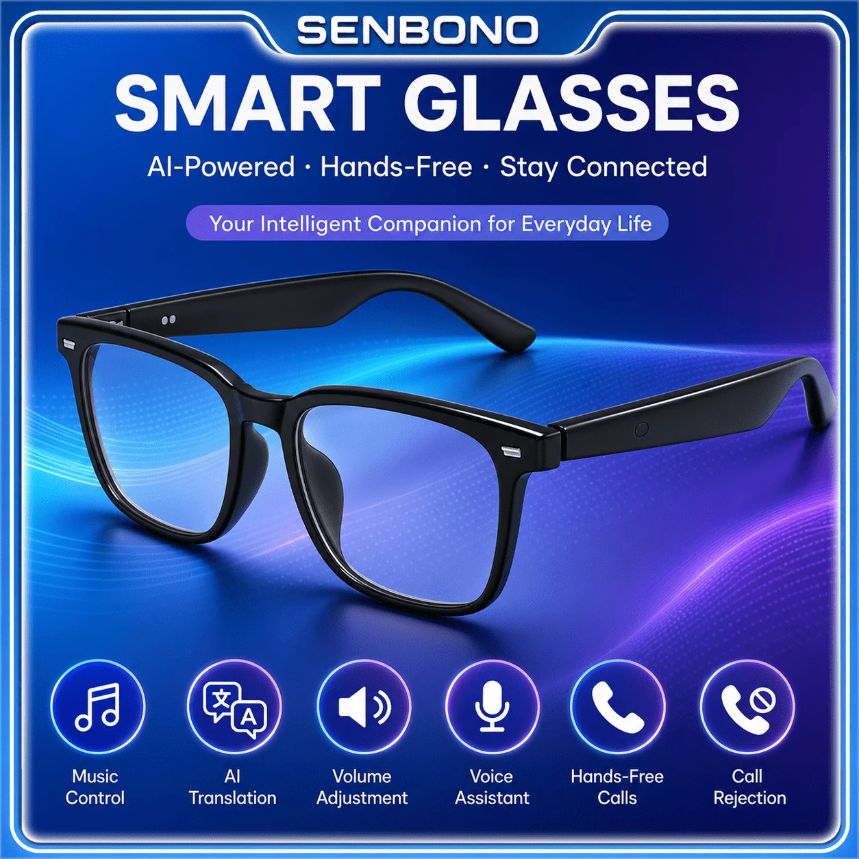 SENBONO Smart Audio Glasses With AI Voice Assistant, Hands-Free Bluetooth Eyewear For Calling & Meeting, Intuitive Volume Control, Smart Translation Glasses With Hall Induction Sensor - View 1