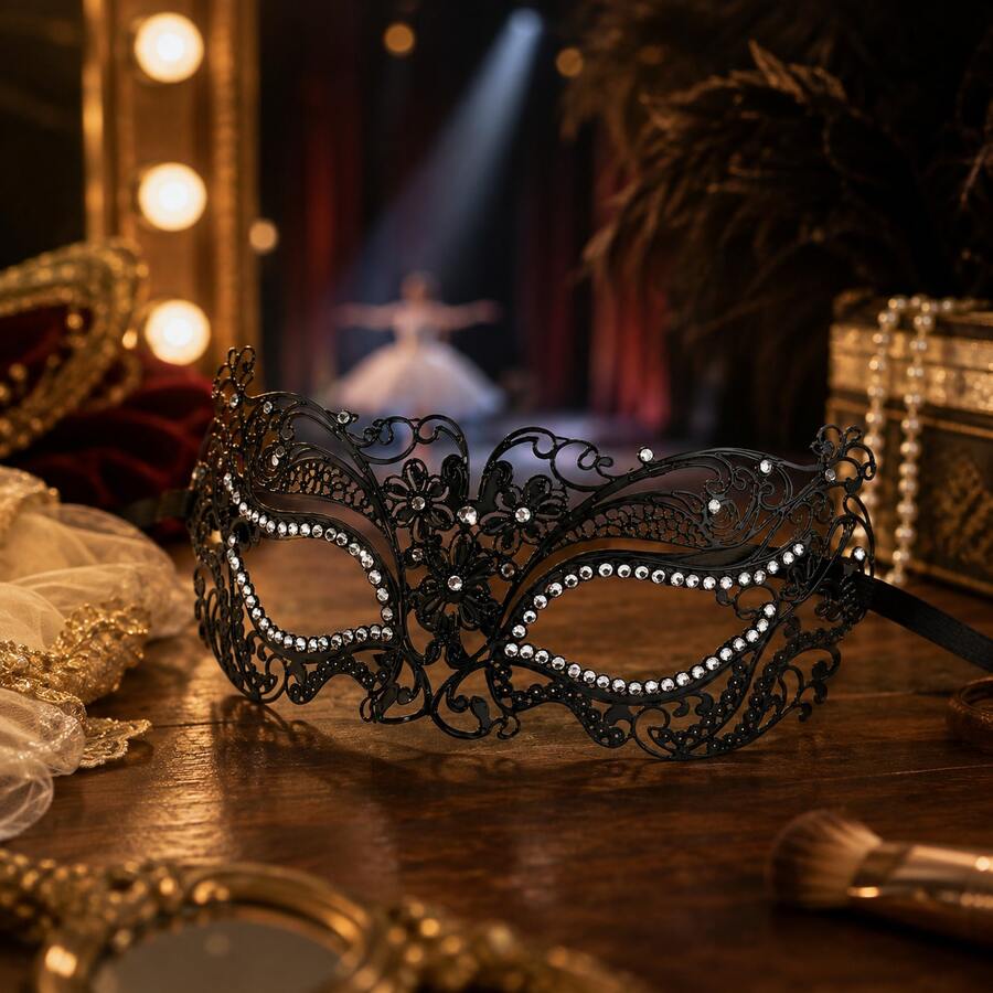 1pc Luxury Rhinestone Hollow-Out Black Metal Venetian Masquerade Half Face Mask For Women, Prom Ball Carnival Dance Cosplay Costume Accessory - A - View 1