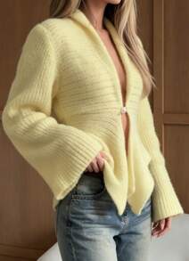 Women's Lapel Single Button Knit Cardigan, Fare Long Sleeve Asymmetric Hem Sweater, Soft Fuzzy Knit Outerwear For Fall Winter Daily Casual Outfit - Yellow - View 5