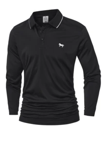 Men's Long Sleeve Polo Shirt With Buttons, Simple Print And Solid Color, Suitable For Gym, Running, Workout, Golf, Autumn/Winter Men's T-Shirt - Black - View 6