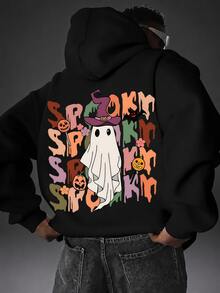 Sudadera con capucha para hombre con estampado doble en pecho y espalda, estilo retro y divertido para Halloween, corte holgado, manga larga, atuendo casual, suéter ligero de forro polar. - Negro - Ver 2