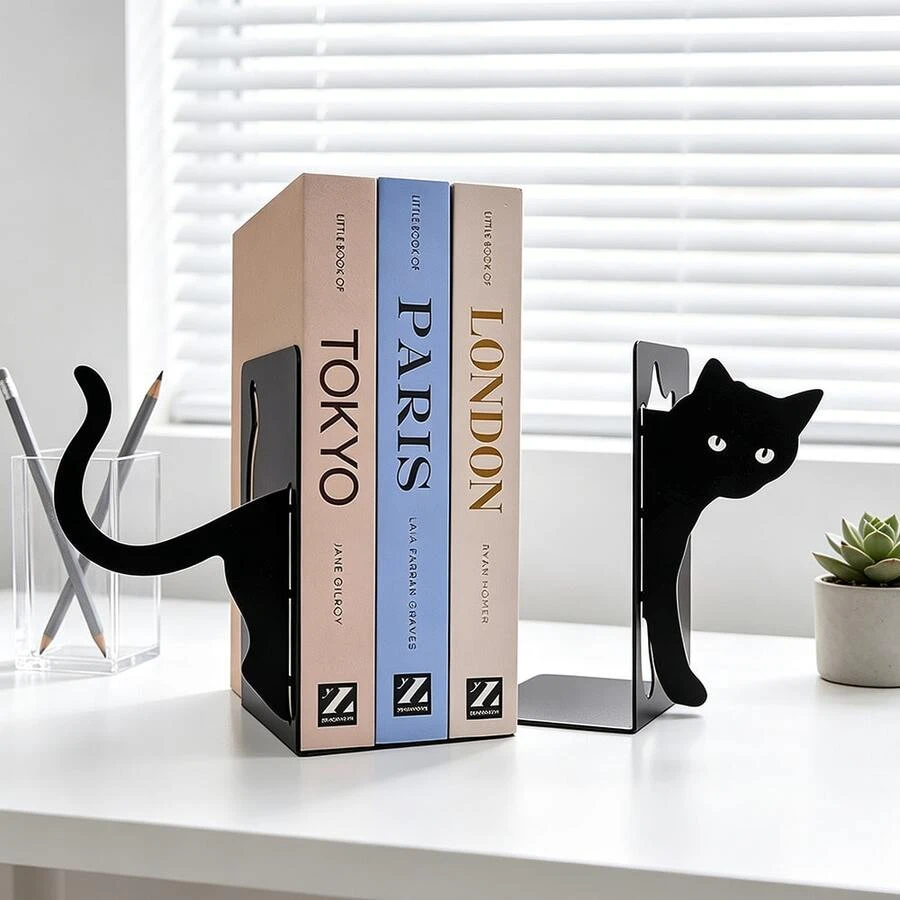 Black Cat Shaped Metal Book Stand Pair Creative Cat Book Stand Desktop Book Sorting And Storage Rack Bookshelf Support Rack Suitable For Home Study Office Student Desktop Decoration Cat Enthusiasts Reading Gifts.