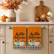 2pcs Orange Autumn Pumpkin Print Kitchen Towels, Rustic Farmhouse Style Rectangular Absorbent Hand Towels, Hello Autumn Lettering, Sunflower And Black & White Plaid Design, Suitable For Thanksgiving Kitchen Decor 4/6/8pcs Set - Multicolor - View 2