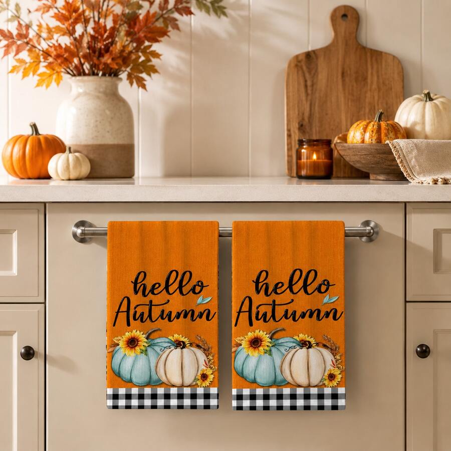 2pcs Orange Autumn Pumpkin Print Kitchen Towels, Rustic Farmhouse Style Rectangular Absorbent Hand Towels, Hello Autumn Lettering, Sunflower And Black & White Plaid Design, Suitable For Thanksgiving Kitchen Decor 4/6/8pcs Set - Multicolor - View 1
