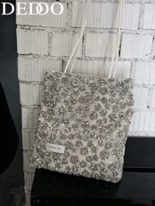 Dedoo Korean Style Sequin Pink Silver Glitter Ins Style Large Capacity Velvet Patchwork Tote Bag, Commuter Casual Shopping Shoulder Lazy Handbag - Silver - View 2