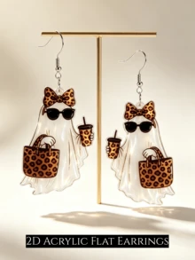 2D Flat Acrylic Ghost Earrings, Leopard Print Bow Fashion Glasses Ghost Dangle Earrings, Halloween Sweet & Cool Ghost Accessories Women's Gift - Leopard Print Bow Ghost - View 5