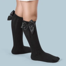 Children's 3/4 Party Socks 16-33 Satin Bow Long Shaft Youth Girl Baptism Wedding Flower Girl Social Dance Events Elegant Quality Soft Touch Coquette Korean School Drama - 黑色 - 查看 8
