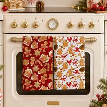 2pcs Red & White Gingerbread Man Candy Cane Christmas Pattern Kitchen Towels, Gingerbread House Snowflake Pinecone Candy Element Printed Hand Towels, Suitable For Christmas, Winter Kitchen, Family Gathering, Holiday Party, Home Decor 4/6/8pcs Set - Multicolor - View 2