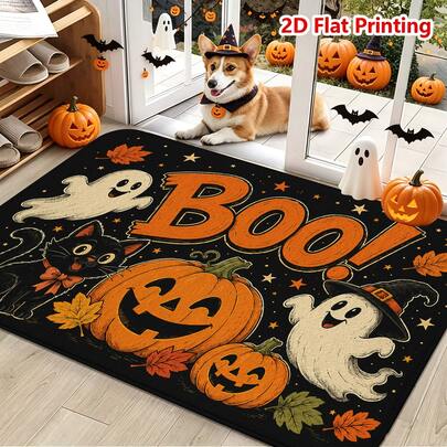 1/2pcs Halloween Door Mat, Halloween Theme Flannel Door Mat, Comfortable Soft Absorbent Non-Slip Machine Washable, Multi-Functional Floor Mat Suitable For Entrance, Living Room, Kitchen, Bathroom, Bedroom, Yard, Holiday Decoration, Pumpkin, Ghost, Black Cat, Maple Leaf, Star Pattern, Vintage Hand-Drawn Style