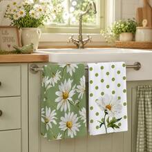 2pcs Green & White Daisy Pattern Kitchen Towels, Soft Absorbent Rectangular Floral Polka Dot Print Hand Towels, Farmhouse Style, Suitable For Kitchen Decor And Housewarming Gift, 4/6/8pcs Set - Multicolor - View 3