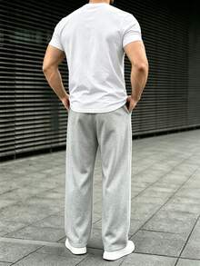 1 Set Men's Loose Casual Sports T-Shirt And Straight Leg Pants, Solid Color Striped, Suitable For Outdoor, Commuting, Vacation, Sports, Fitness, Jogging, Hiking, Training - White - View 2