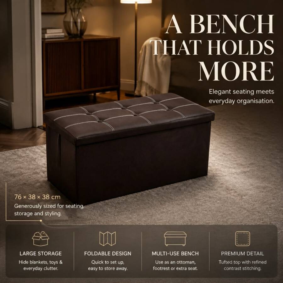 Large Seater Folding Storage Ottoman Pouffe Bench Seat Blanket Toy Chest Box UK - Black - View 1
