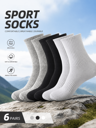 Men Women Plain Basic Sport Socks 6 Pack, Stretchy Non-Shrink Breathable Crew Socks, Durable Daily Casual Socks For Hiking Jogging Outdoor Workout & Fall Daily Wear