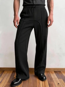 Men's Casual Solid Color Drawstring Waist Sports Wide Leg Pants, All Seasons, Fall - Black - View 1