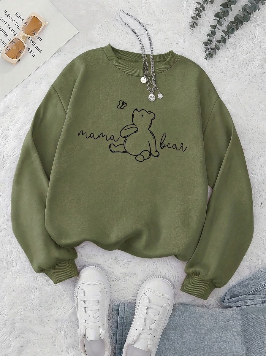 2026 Valentine Women Sweatshirt, White Bear Mom & Bear Hug Print Crew Neck Soft Long Sleeve Pullover, Maternity‑Friendly For Spring Autumn Winter - 軍綠色 - 查看 1