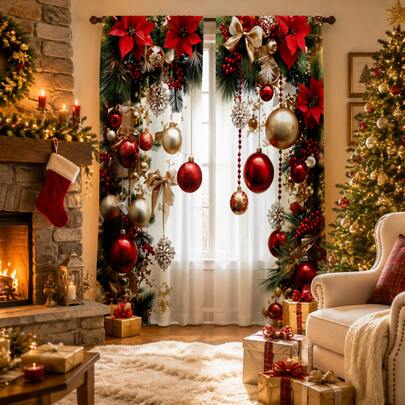 2 Stücke Weihnachts-Stangendurchzug halbtransparente Vorhänge, Weihnachts-Poinsettia Rot & Gold Kugel Kiefernzweig Schleife Schneeflocke Beere Digitaldruck, lichtfilternder Sichtschutz Vorhangstoff, Polyester maschinenwaschbar, geeignet für Feiertags-Schlafzimmer Wohnzimmer Heimdekoration