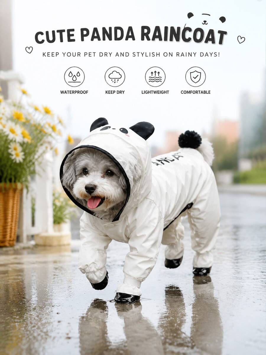 1pc Panda Black & White Dog Raincoat, Cute Cartoon Style Waterproof Polyester & TPU Lining Full Body 4-Paw Design, With Transparent Hood Brim, Leash Hole & Boot Shaft, Suitable For Small & Medium Dogs Teddy, Bichon, Pomeranian For Rainy Days & All Seasons - Multicolor - View 1