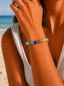 1 pieza Pulsera de mujer de verano con cuentas de piedra multicolor, accesorios de cobre chapados en oro de 18K, joyería casual diaria para parejas - Multicolor - Ver 1