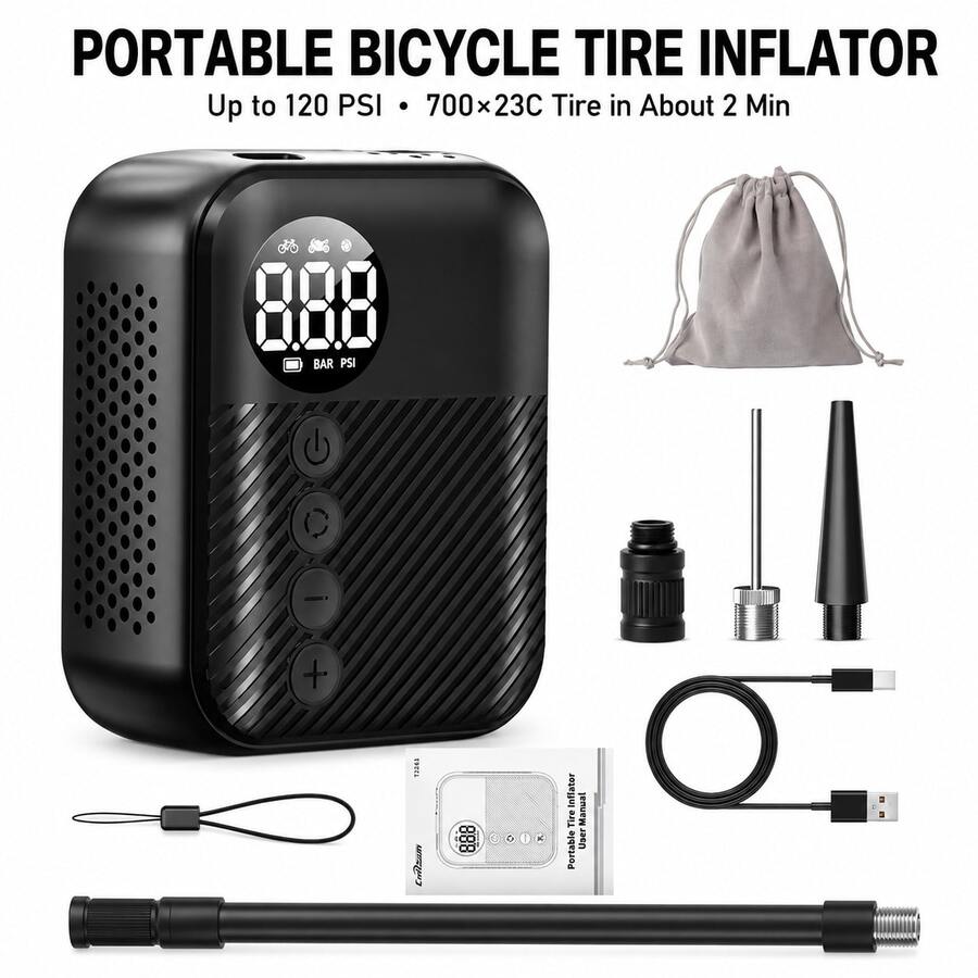 Carsun Mini Portable Electric Bike Air Pump, Wireless Tire Inflator, 150PSI Wireless Digital Display Version - 150g, Palm-Sized, Accurate Display - Automatic Shut-Off When Inflation Is Complete, Bike Accessory