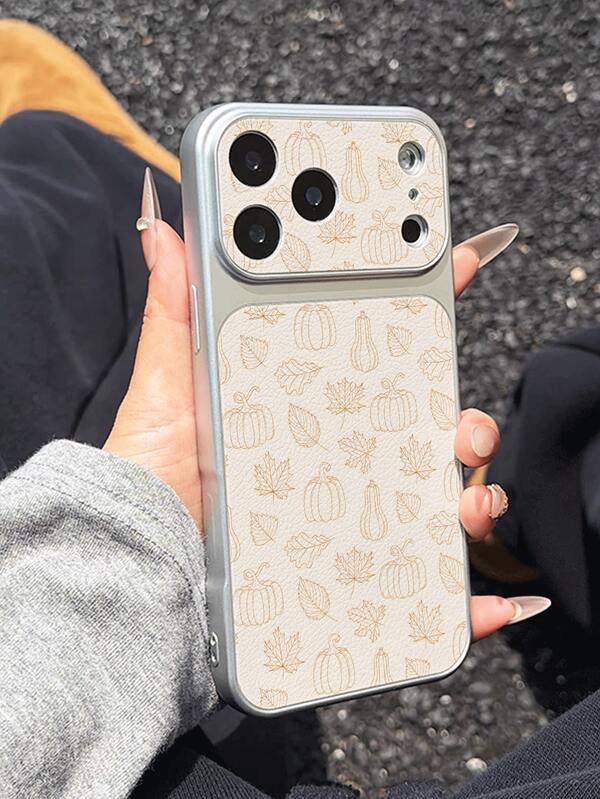 1pc Autumn Fashion Cute Line Leaf Pumpkin Pattern Full Coverage Button Classic Anti-Drop Metallic Paint Premium Texture Soft Texture PU Leather Phone Case, Suitable As Birthday Gift, Holiday Gift For Friends, Family, Couples, Yourself, Compatible With IPhone 17/16/15/14/13/12/11 Series