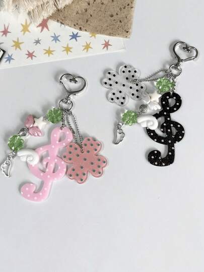 1pc Korean Style Retro Polka Dot Music Note Striped Lucky Four-Leaf Clover Keychain Pendant Bag Accessory