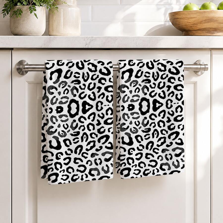 2pcs Leopard Print Kitchen Towels, Fashionable Wild Style Soft Fabric Rectangular Full Print Absorbent Hand Towels, Suitable For Kitchen, Dining Room, Home Gathering, Daily Home Decor, 4/6/8pcs Set - Multicolor - View 1