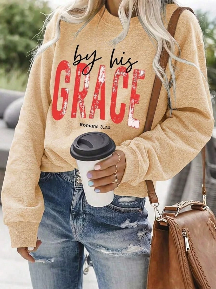 Women's Christian Faith Sweatshirt, Romans 3:24 Bible Verse Red Letter Print Crew Neck Pullover, Loose Cozy Casual Top For Church Autumn Winter - 杏色 - 查看 1
