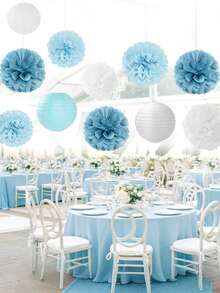 1 Set Gray Blue & White Party Decoration Paper Lanterns - 15pcs Birthday Bridal Shower Ribbon Honeycomb Balls - Blue Tones - View 5