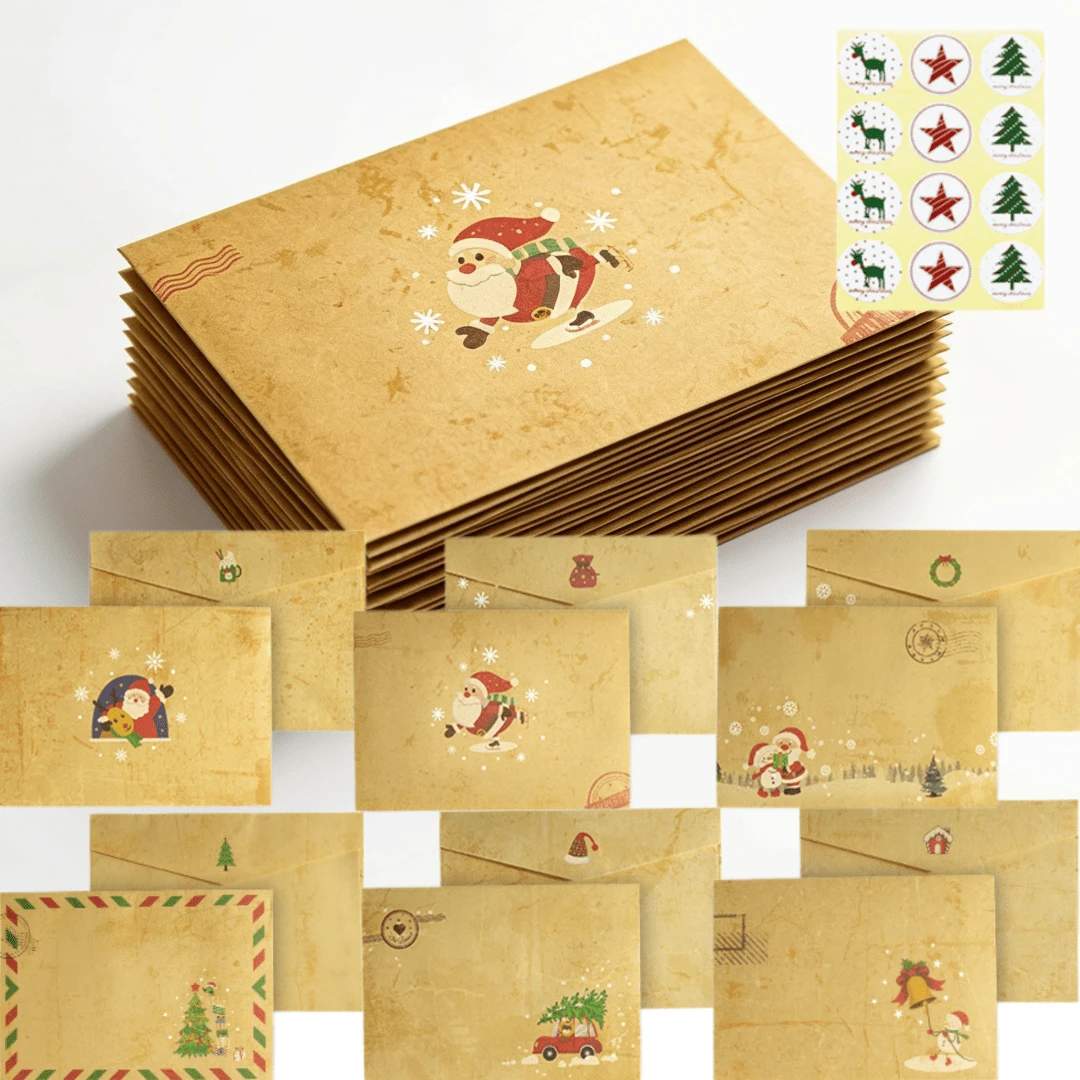 24 Christmas Vintage Kraft Paper Envelopes With 24 Stickers, Santa Claus Snowman Christmas Tree Pattern Holiday Greeting Card Envelopes, Suitable For Gift Wrapping Party Invitations - Christmas Envelopes + Stickers - View 1