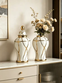 Random Color European Luxury Creative Electroplated White Ceramic Vase, High-End Ceramic Indoor Home Decor, Living Room, Dining Table And Office Desk Ornament, Suitable For Floral Arrangement - Platinum - View 5