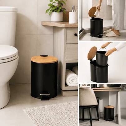Lixeira com Pedal e Tampa de Bambu 3 Litros Preta para Banheiro Cozinha Sala de Estar Cesto Removível