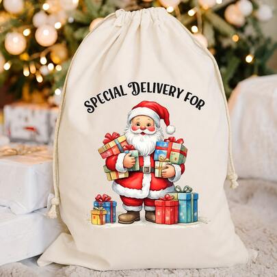 Christmas Santa Sack Drawstring Gift Bag, 30 X 40 Cm Large Christmas Present Bag With Special Delivery Santa Design, Reusable Holiday Gift Packaging Bag For Xmas Decorations
