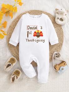 [Customized]Infant Long Sleeve Romper "My First Thanksgiving" Turkey Print, Customizable With Exclusive Name And Personalized Text, Round Neck Comfortable Casual One-Piece, Durable Easy Care Machine Washable Newborn Crawler - White - View 1