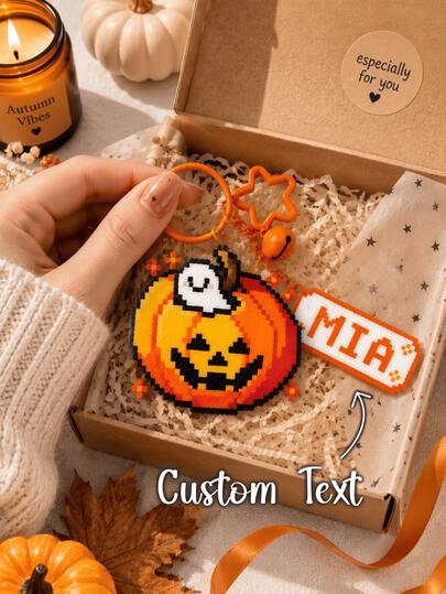 1PC Custom Name Keychain, Cute Halloween Pumpkin Bag Charm, Letter Tag Pendant, Pixel Style Keyring, Spooky Season Backpack Purse Accessory