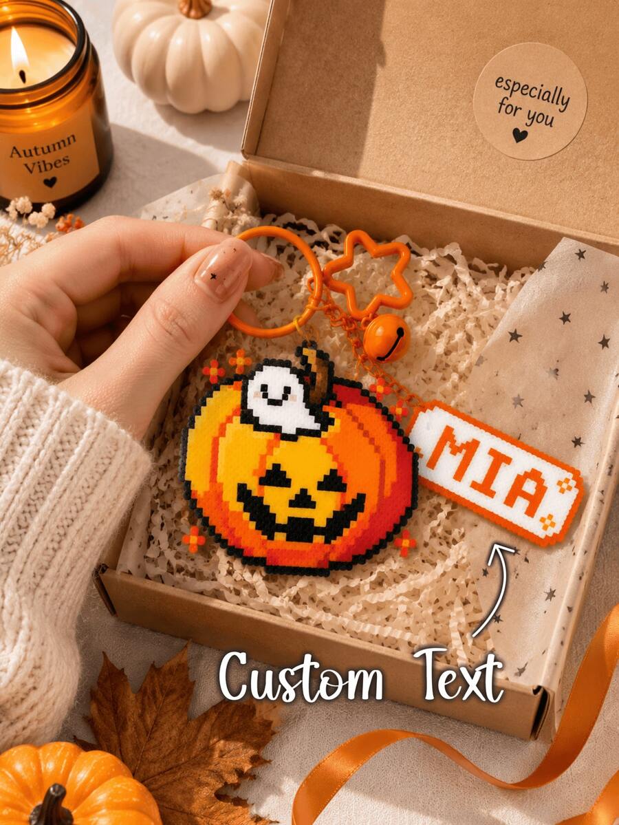 1PC Custom Name Keychain, Cute Halloween Pumpkin Bag Charm, Letter Tag Pendant, Pixel Style Keyring, Spooky Season Backpack Purse Accessory - Multicolor - View 1