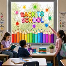 1pc 30*60cm Back To School Theme Colored Pencil Window Sticker, Colorful Paint Splatter Classroom Glass Self-Adhesive Decorative Decal - Multicolor - View 2